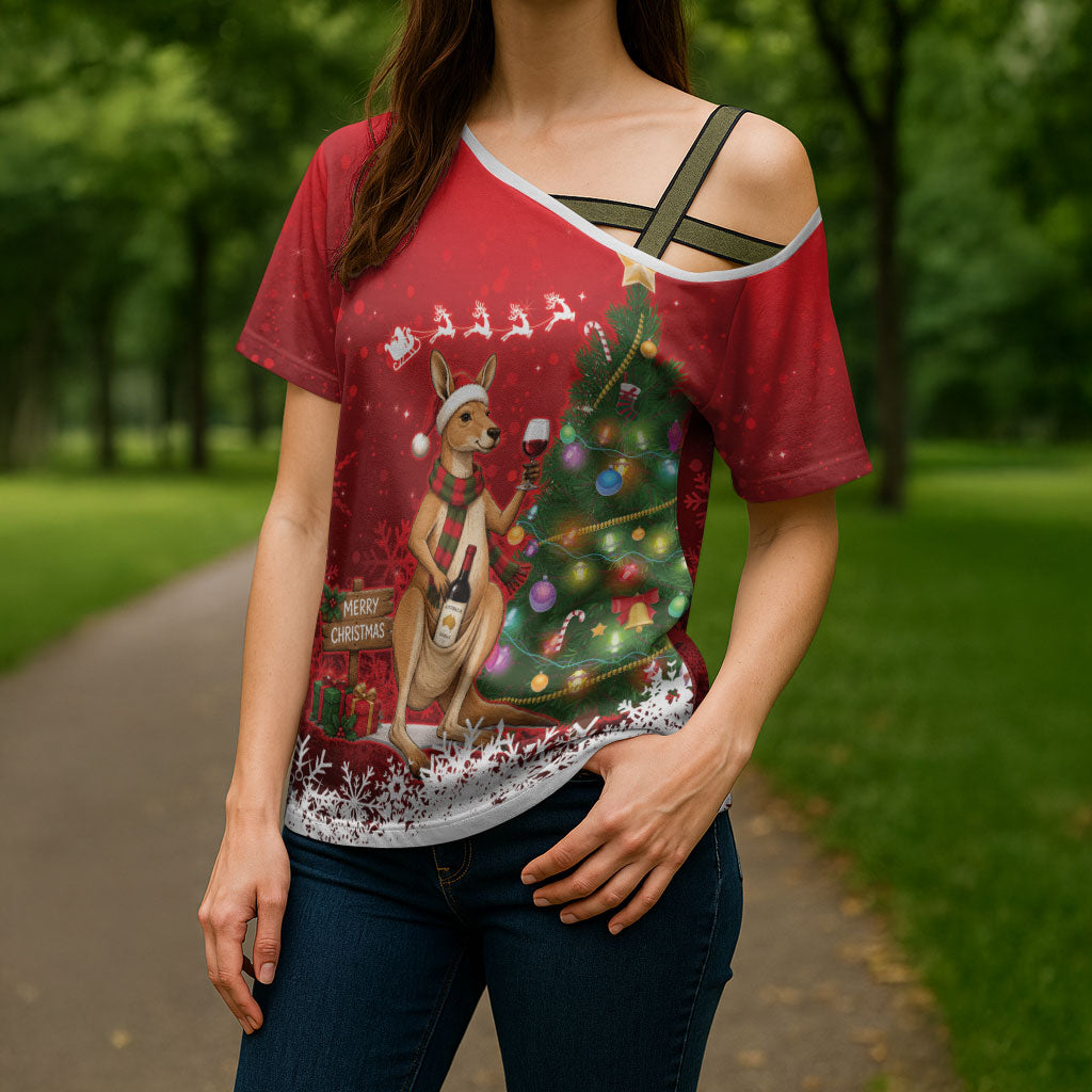 Australia Christmas In July Cross Shoulder Shirt Kangaroo Santa With Aussie Wine