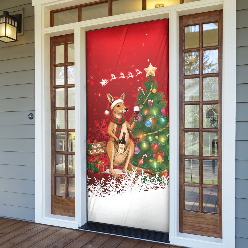Australia Christmas In July Door Cover Kangaroo Santa With Aussie Wine