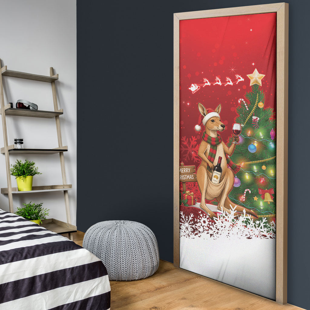 Australia Christmas In July Door Cover Kangaroo Santa With Aussie Wine