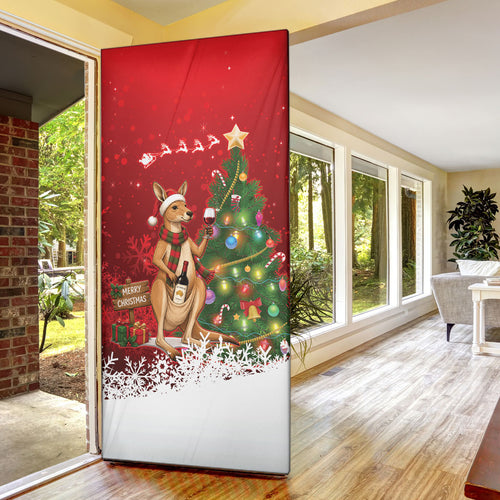 Australia Christmas In July Door Cover Kangaroo Santa With Aussie Wine