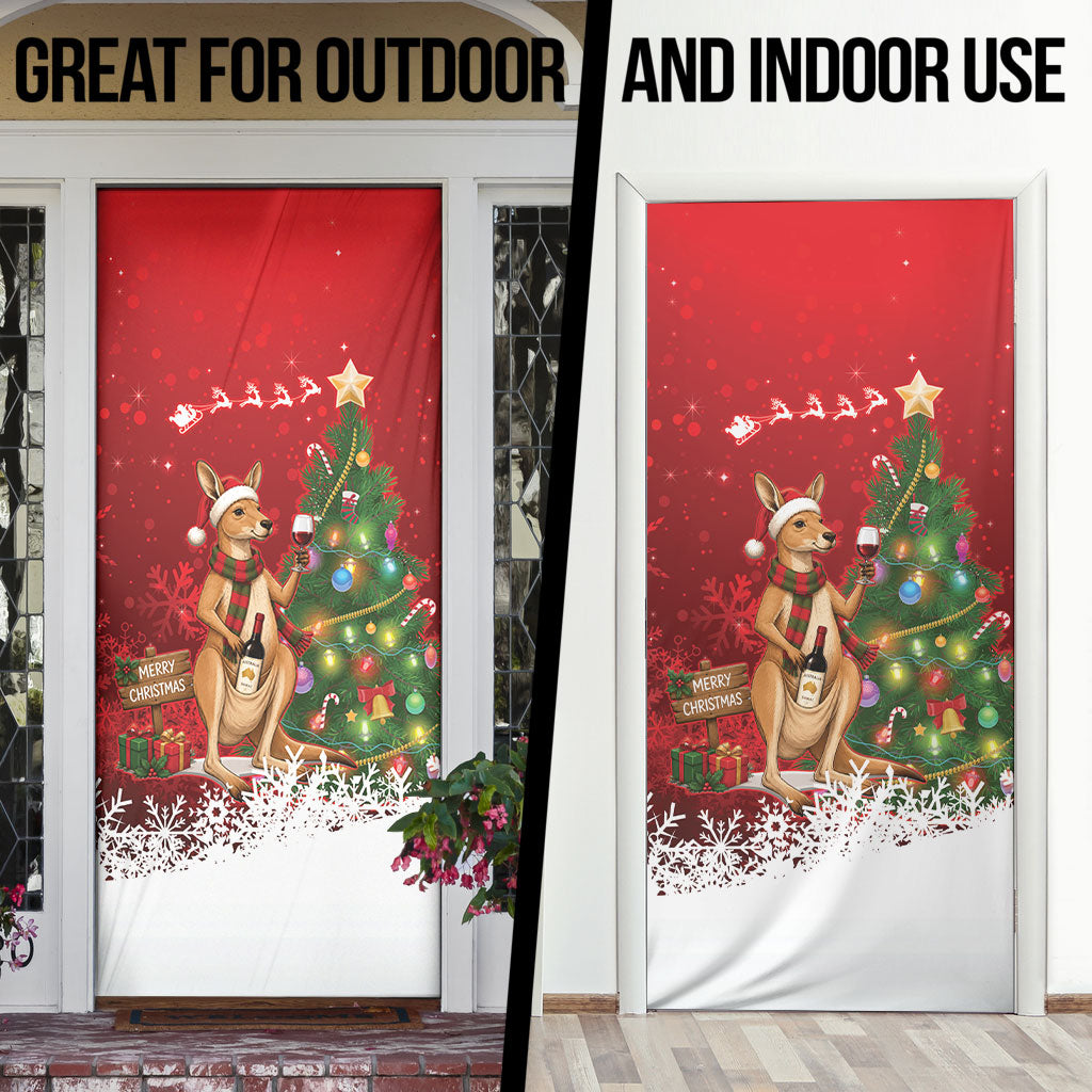Australia Christmas In July Door Cover Kangaroo Santa With Aussie Wine
