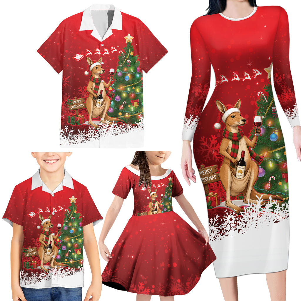 Australia Christmas In July Family Matching Long Sleeve Bodycon Dress and Hawaiian Shirt Kangaroo Santa With Aussie Wine