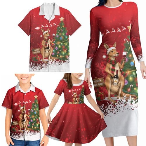 Australia Christmas In July Family Matching Long Sleeve Bodycon Dress and Hawaiian Shirt Kangaroo Santa With Aussie Wine