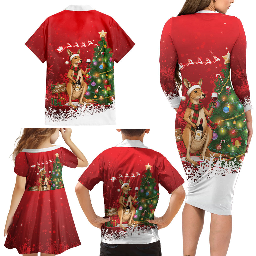 Australia Christmas In July Family Matching Long Sleeve Bodycon Dress and Hawaiian Shirt Kangaroo Santa With Aussie Wine