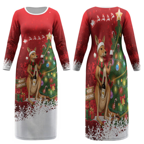 Australia Christmas In July Family Matching Long Sleeve Bodycon Dress and Hawaiian Shirt Kangaroo Santa With Aussie Wine