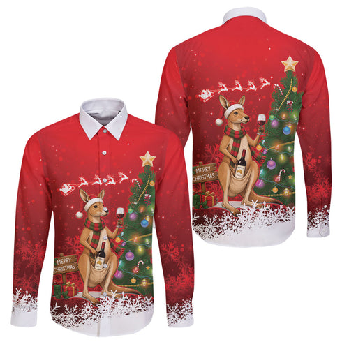 Australia Christmas In July Family Matching Long Sleeve Bodycon Dress and Hawaiian Shirt Kangaroo Santa With Aussie Wine