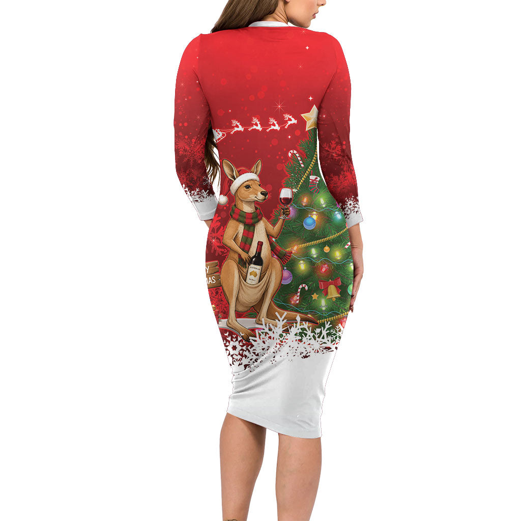 Australia Christmas In July Family Matching Long Sleeve Bodycon Dress and Hawaiian Shirt Kangaroo Santa With Aussie Wine