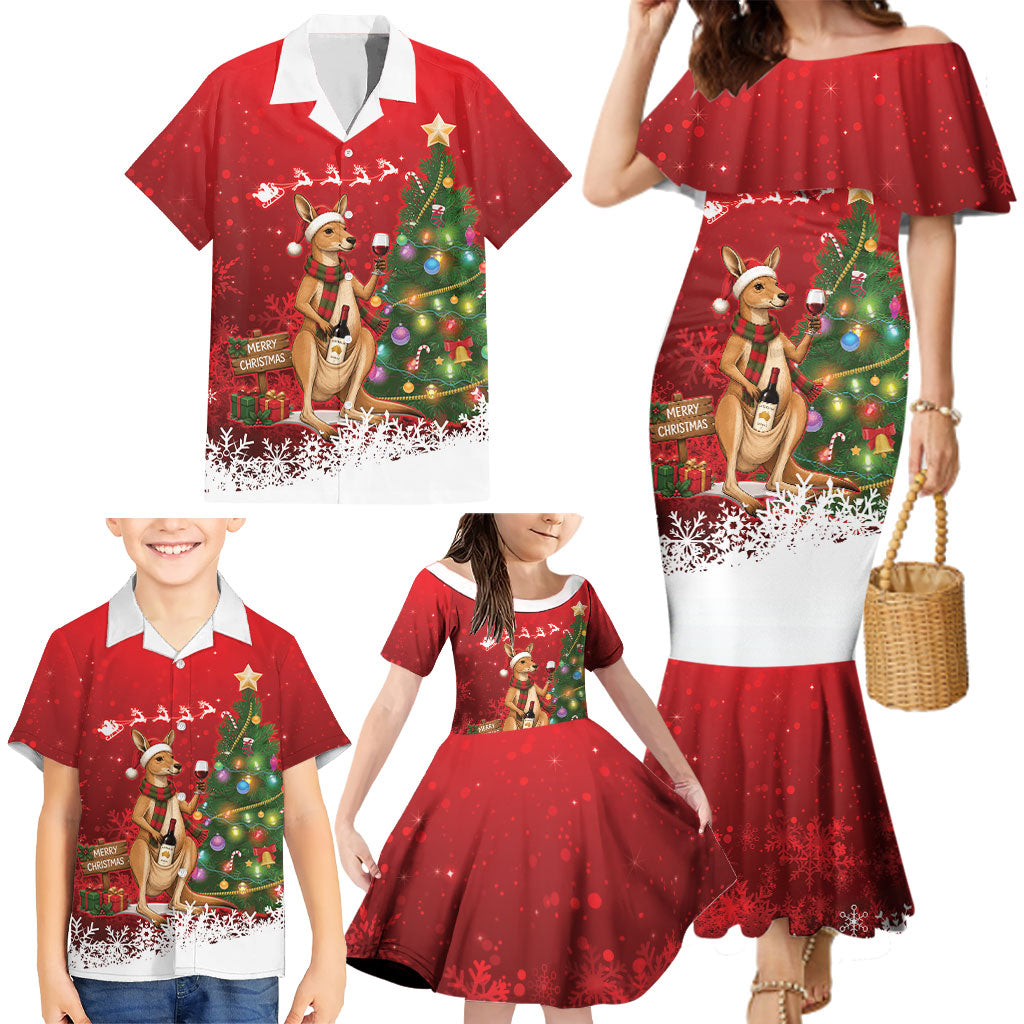 Australia Christmas In July Family Matching Mermaid Dress and Hawaiian Shirt Kangaroo Santa With Aussie Wine