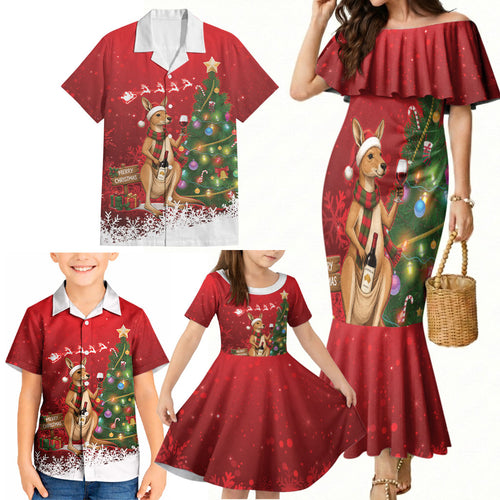 Australia Christmas In July Family Matching Mermaid Dress and Hawaiian Shirt Kangaroo Santa With Aussie Wine