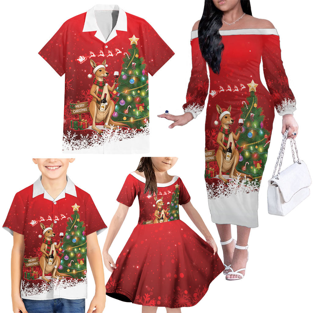 Australia Christmas In July Family Matching Off The Shoulder Long Sleeve Dress and Hawaiian Shirt Kangaroo Santa With Aussie Wine