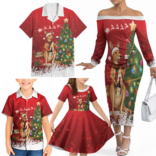 Australia Christmas In July Family Matching Off The Shoulder Long Sleeve Dress and Hawaiian Shirt Kangaroo Santa With Aussie Wine