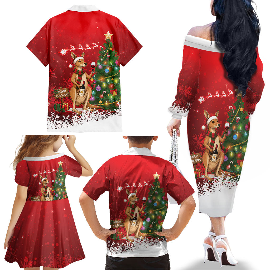 Australia Christmas In July Family Matching Off The Shoulder Long Sleeve Dress and Hawaiian Shirt Kangaroo Santa With Aussie Wine