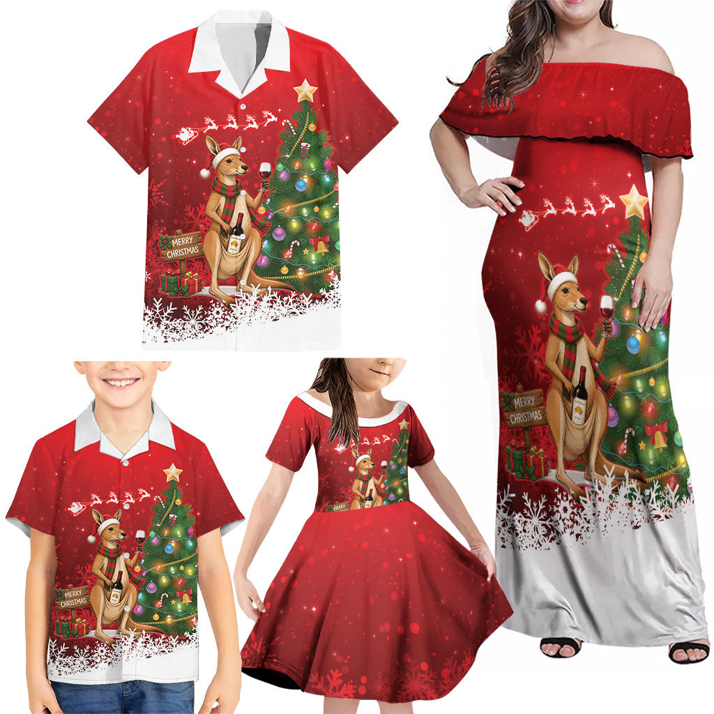 Australia Christmas In July Family Matching Off Shoulder Maxi Dress and Hawaiian Shirt Kangaroo Santa With Aussie Wine
