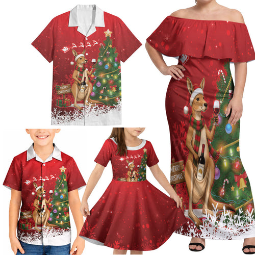 Australia Christmas In July Family Matching Off Shoulder Maxi Dress and Hawaiian Shirt Kangaroo Santa With Aussie Wine