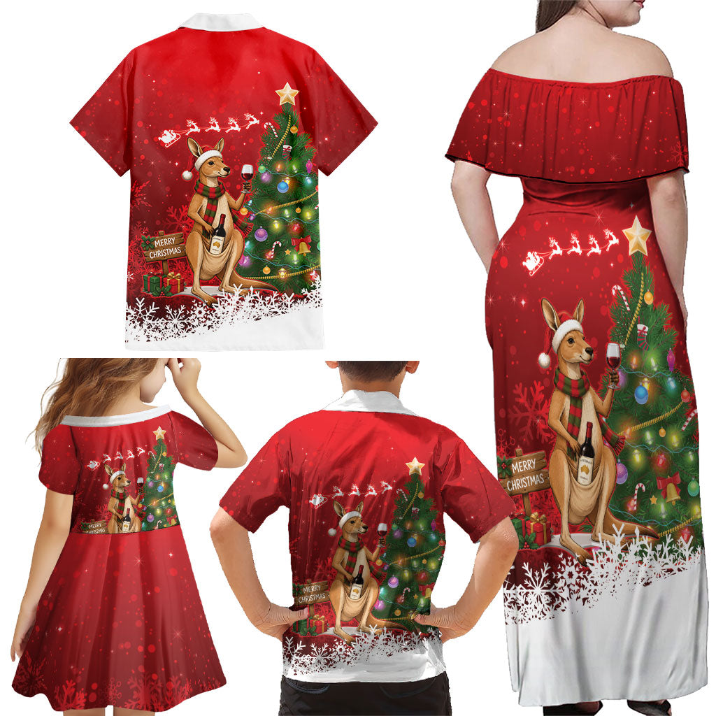 Australia Christmas In July Family Matching Off Shoulder Maxi Dress and Hawaiian Shirt Kangaroo Santa With Aussie Wine