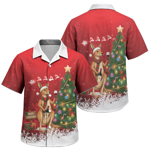 Australia Christmas In July Family Matching Off Shoulder Maxi Dress and Hawaiian Shirt Kangaroo Santa With Aussie Wine