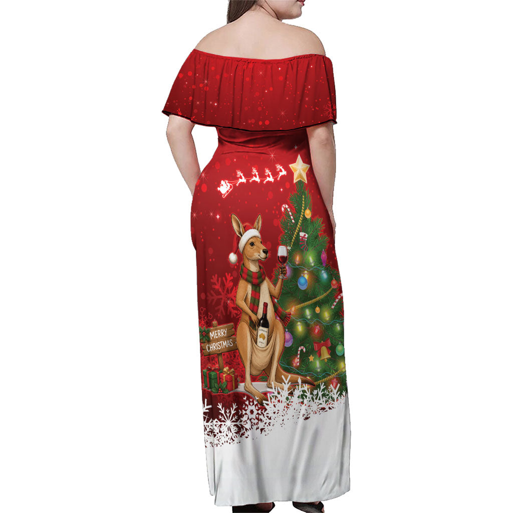 Australia Christmas In July Family Matching Off Shoulder Maxi Dress and Hawaiian Shirt Kangaroo Santa With Aussie Wine
