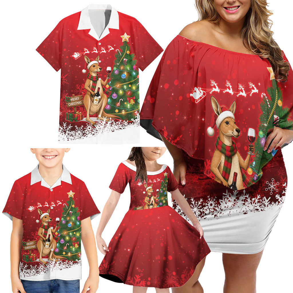Australia Christmas In July Family Matching Off Shoulder Short Dress and Hawaiian Shirt Kangaroo Santa With Aussie Wine