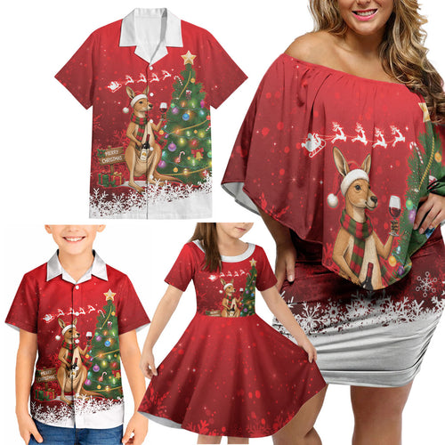 Australia Christmas In July Family Matching Off Shoulder Short Dress and Hawaiian Shirt Kangaroo Santa With Aussie Wine