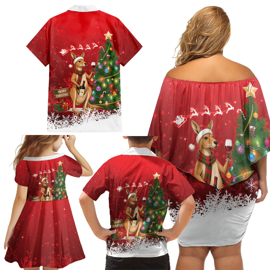 Australia Christmas In July Family Matching Off Shoulder Short Dress and Hawaiian Shirt Kangaroo Santa With Aussie Wine