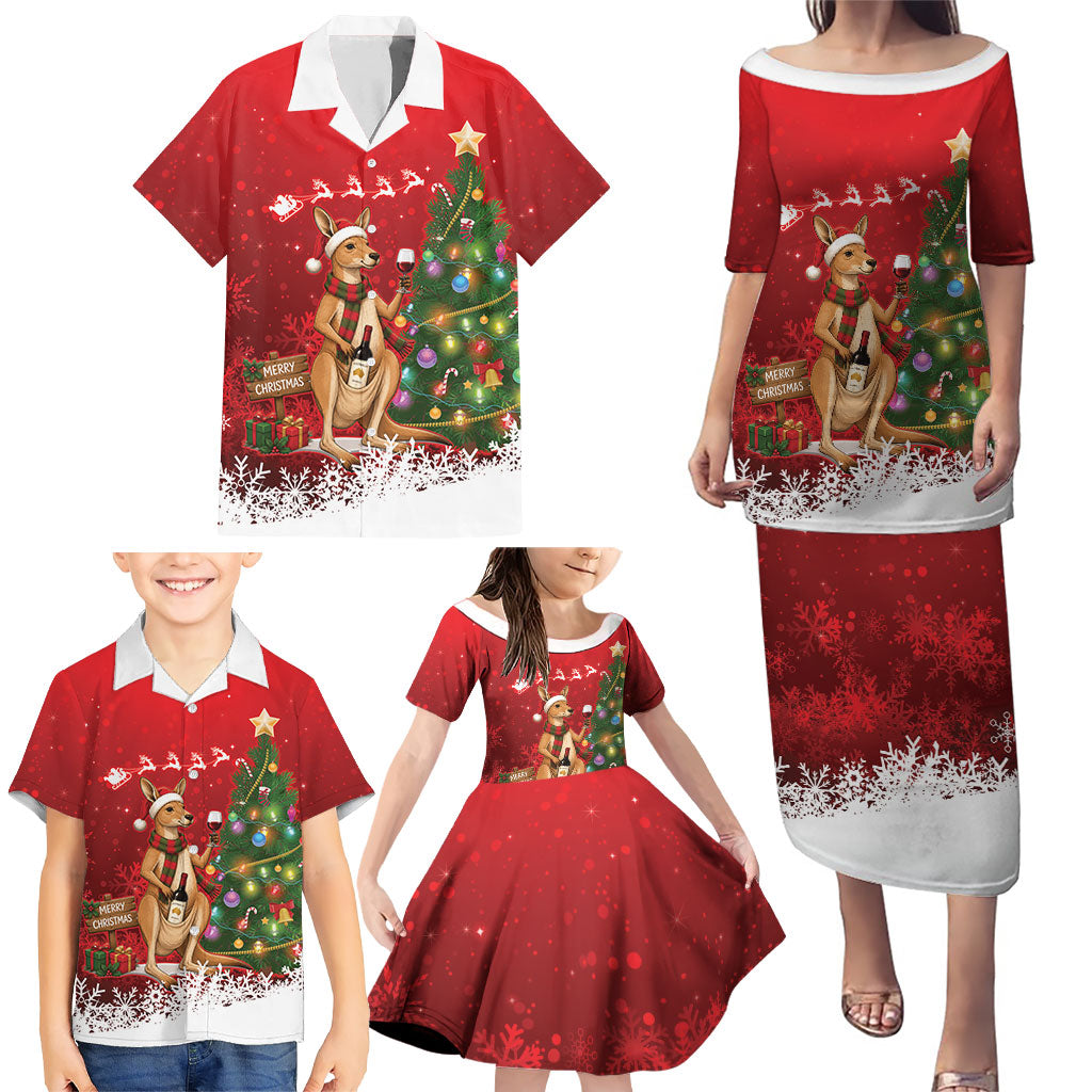 Australia Christmas In July Family Matching Puletasi and Hawaiian Shirt Kangaroo Santa With Aussie Wine