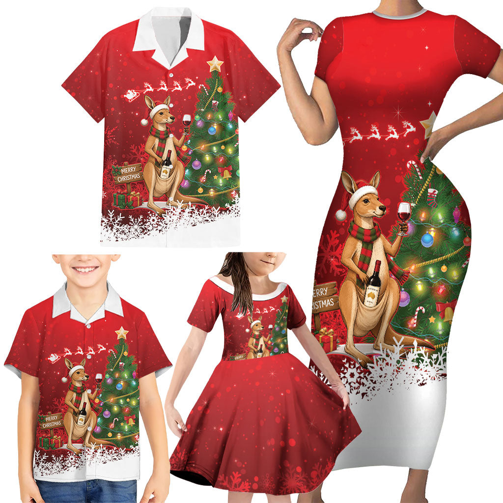 Australia Christmas In July Family Matching Short Sleeve Bodycon Dress and Hawaiian Shirt Kangaroo Santa With Aussie Wine