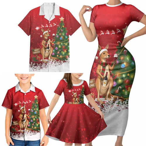 Australia Christmas In July Family Matching Short Sleeve Bodycon Dress and Hawaiian Shirt Kangaroo Santa With Aussie Wine