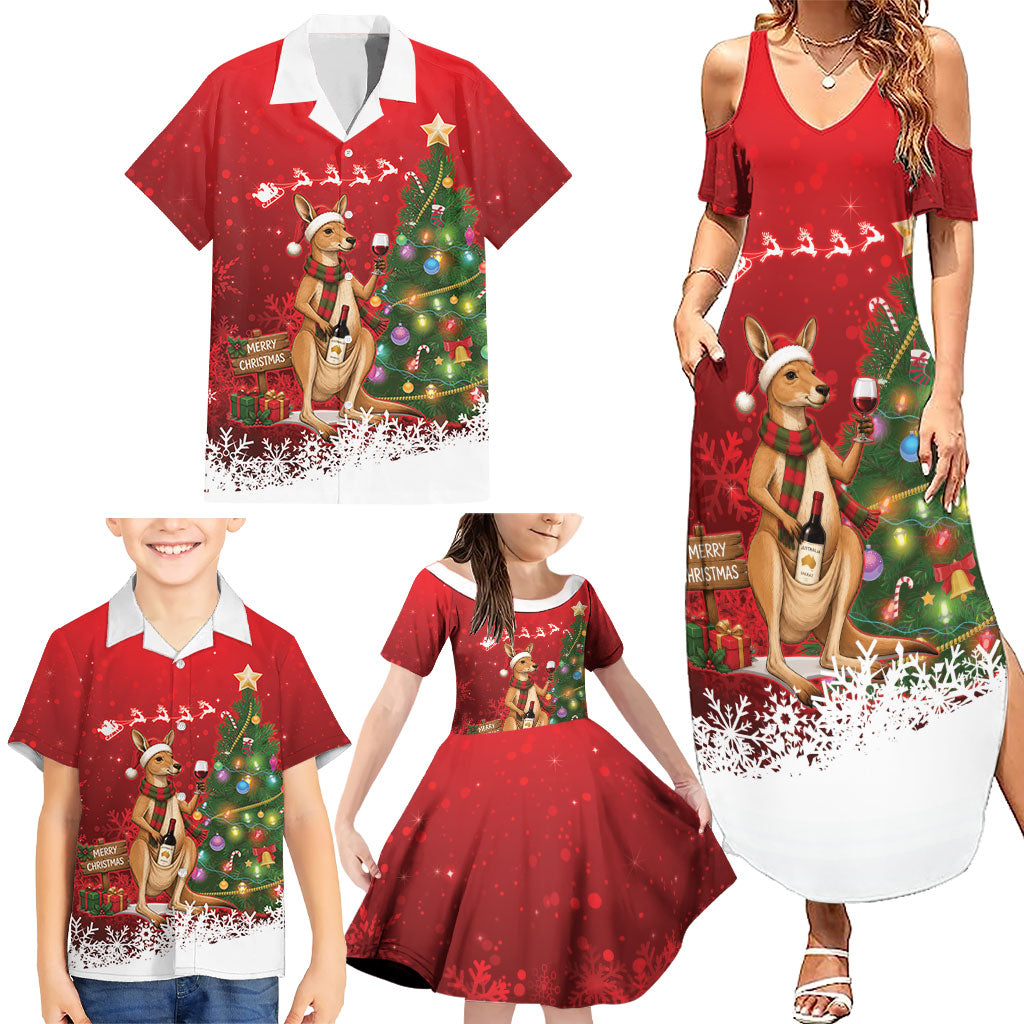 Australia Christmas In July Family Matching Summer Maxi Dress and Hawaiian Shirt Kangaroo Santa With Aussie Wine