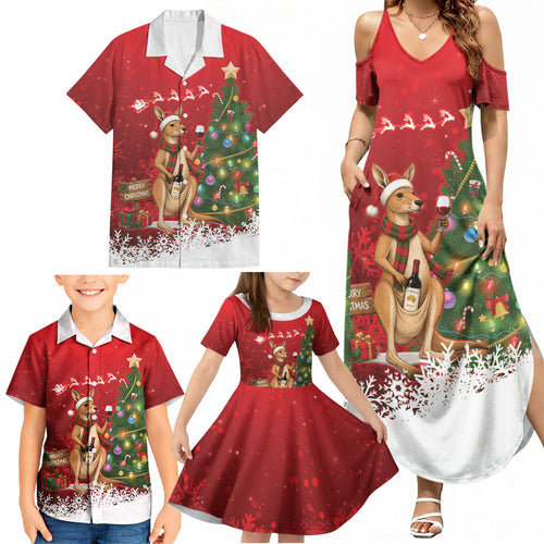 Australia Christmas In July Family Matching Summer Maxi Dress and Hawaiian Shirt Kangaroo Santa With Aussie Wine