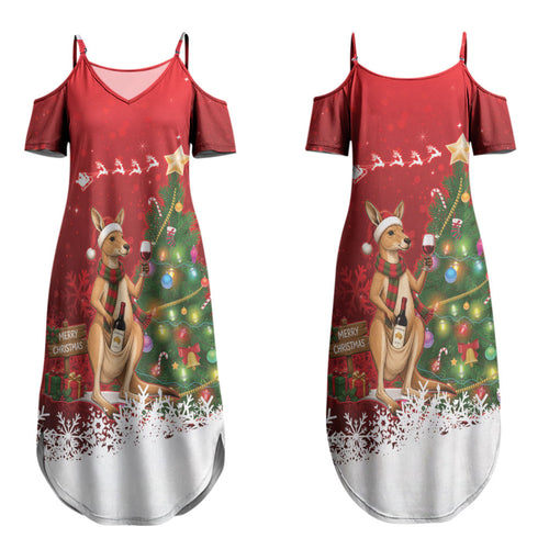 Australia Christmas In July Family Matching Summer Maxi Dress and Hawaiian Shirt Kangaroo Santa With Aussie Wine