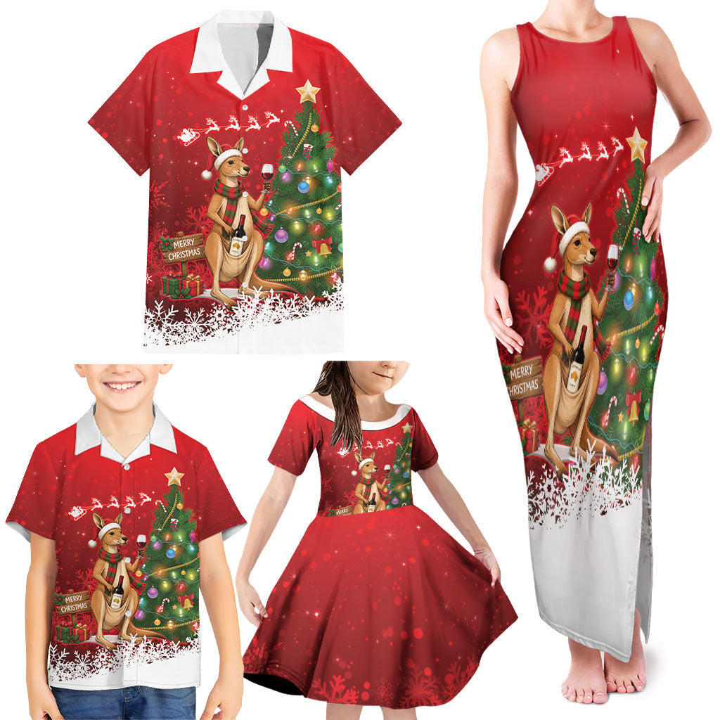 Australia Christmas In July Family Matching Tank Maxi Dress and Hawaiian Shirt Kangaroo Santa With Aussie Wine
