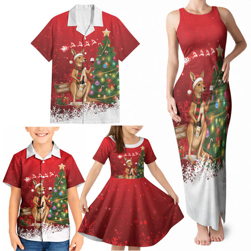 Australia Christmas In July Family Matching Tank Maxi Dress and Hawaiian Shirt Kangaroo Santa With Aussie Wine