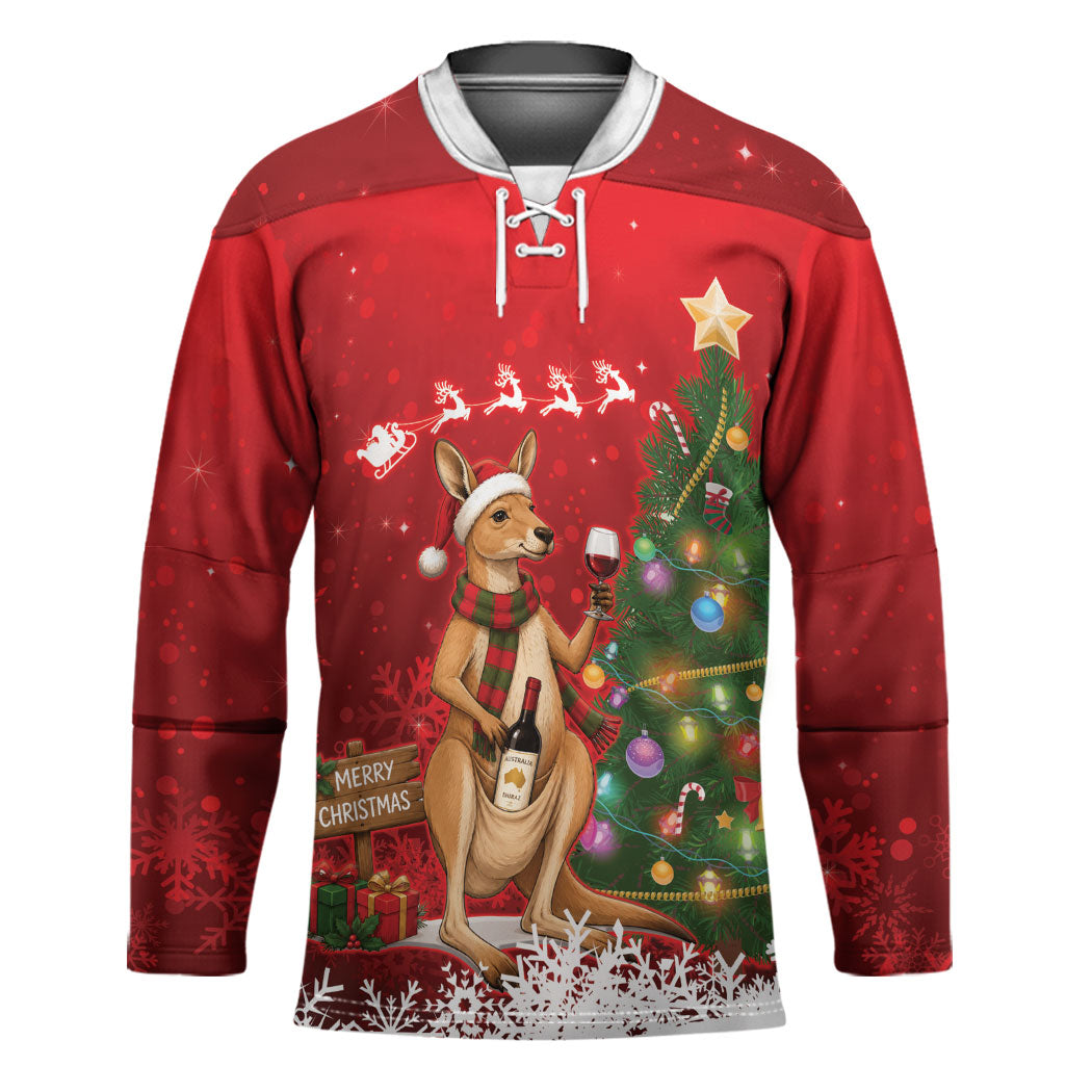 Australia Christmas In July Hockey Jersey Kangaroo Santa With Aussie Wine