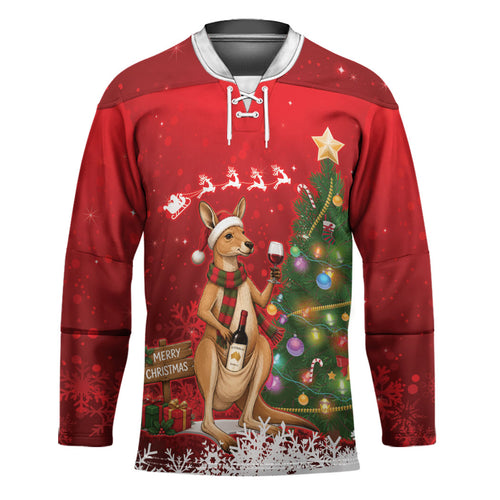 Australia Christmas In July Hockey Jersey Kangaroo Santa With Aussie Wine