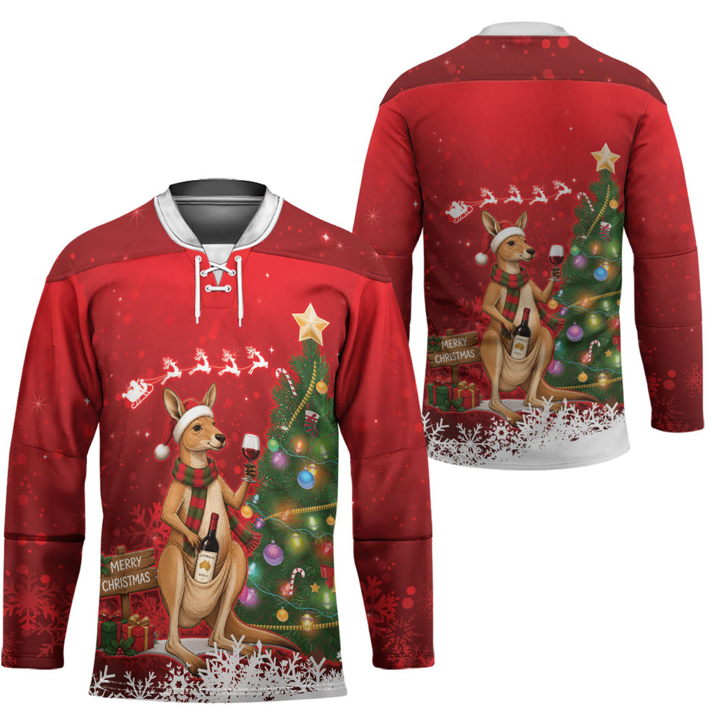 Australia Christmas In July Hockey Jersey Kangaroo Santa With Aussie Wine