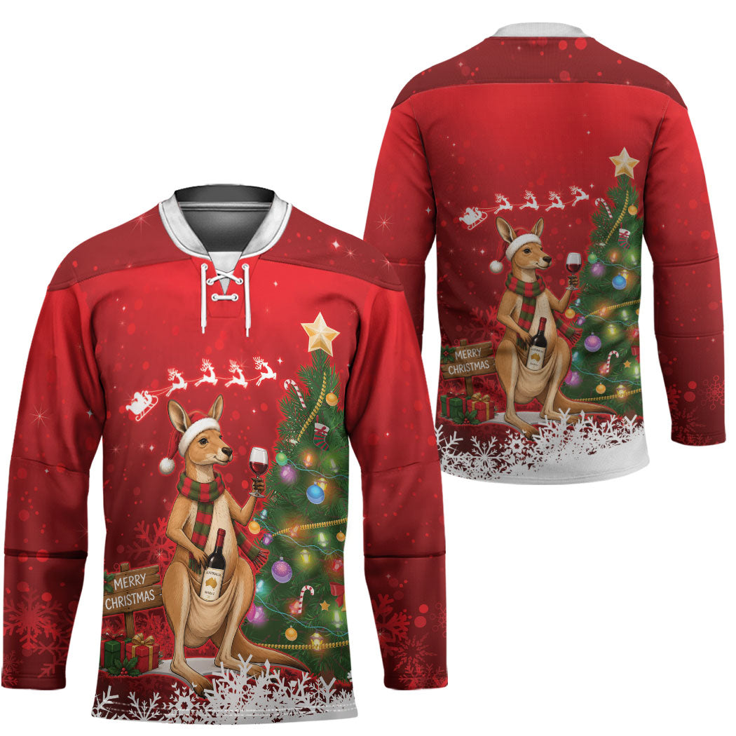 Australia Christmas In July Hockey Jersey Kangaroo Santa With Aussie Wine