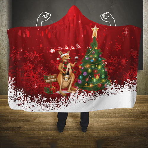 Australia Christmas In July Hooded Blanket Kangaroo Santa With Aussie Wine