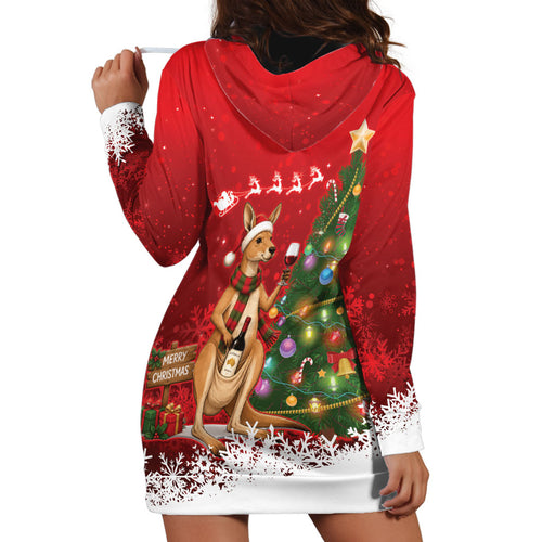 Australia Christmas In July Hoodie Dress Kangaroo Santa With Aussie Wine