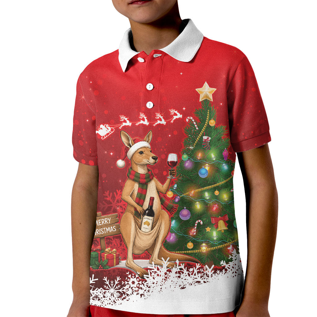 Australia Christmas In July Kid Polo Shirt Kangaroo Santa With Aussie Wine