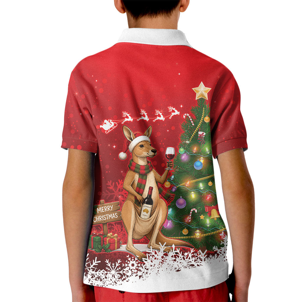 Australia Christmas In July Kid Polo Shirt Kangaroo Santa With Aussie Wine