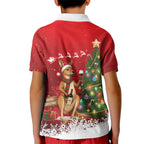 Australia Christmas In July Kid Polo Shirt Kangaroo Santa With Aussie Wine