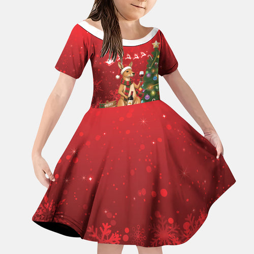 Australia Christmas In July Kid Short Sleeve Dress Kangaroo Santa With Aussie Wine