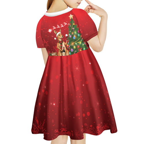 Australia Christmas In July Kid Short Sleeve Dress Kangaroo Santa With Aussie Wine