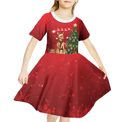 Australia Christmas In July Kid Short Sleeve Dress Kangaroo Santa With Aussie Wine