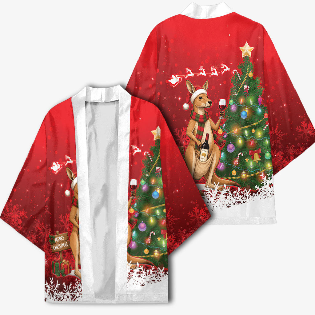 Australia Christmas In July Kimono Kangaroo Santa With Aussie Wine