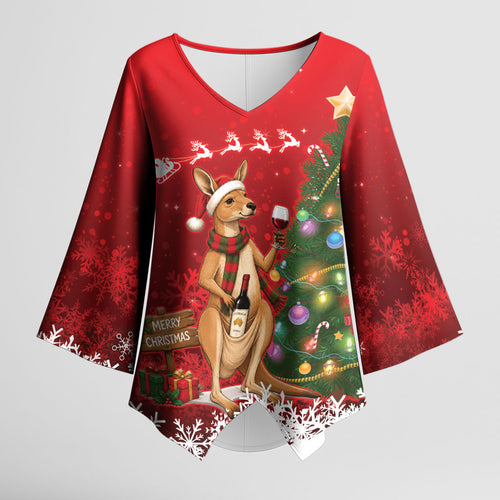 Australia Christmas In July Kimono Sleeve Blouse Kangaroo Santa With Aussie Wine