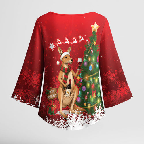 Australia Christmas In July Kimono Sleeve Blouse Kangaroo Santa With Aussie Wine
