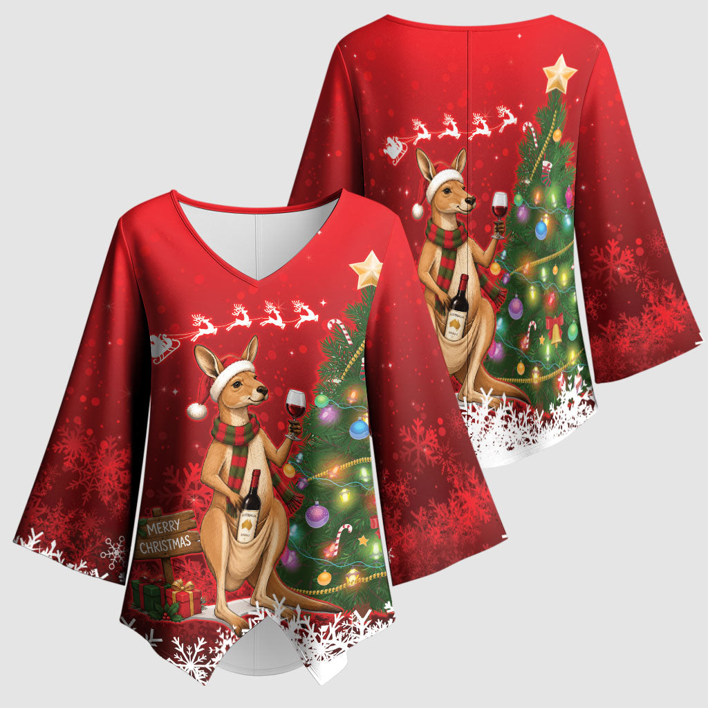 Australia Christmas In July Kimono Sleeve Blouse Kangaroo Santa With Aussie Wine