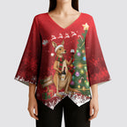 Australia Christmas In July Kimono Sleeve Blouse Kangaroo Santa With Aussie Wine