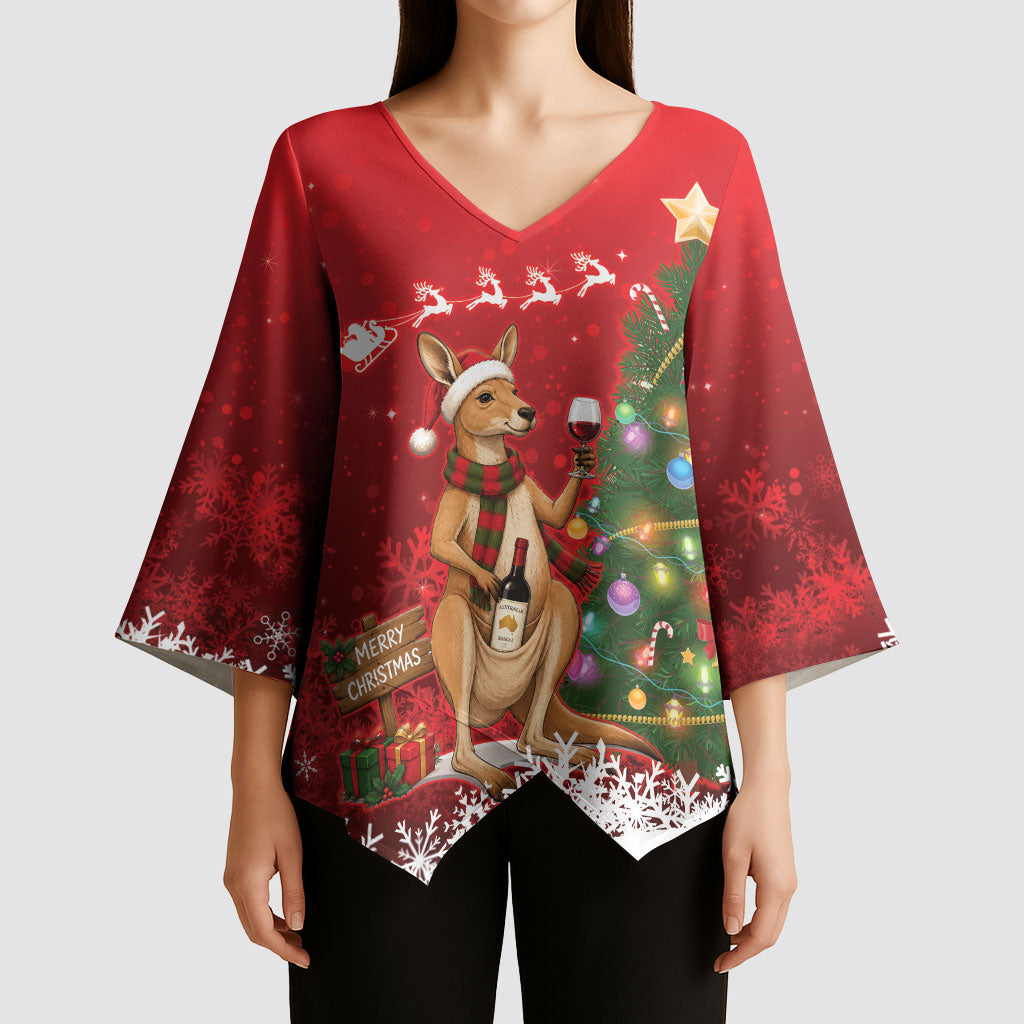 Australia Christmas In July Kimono Sleeve Blouse Kangaroo Santa With Aussie Wine